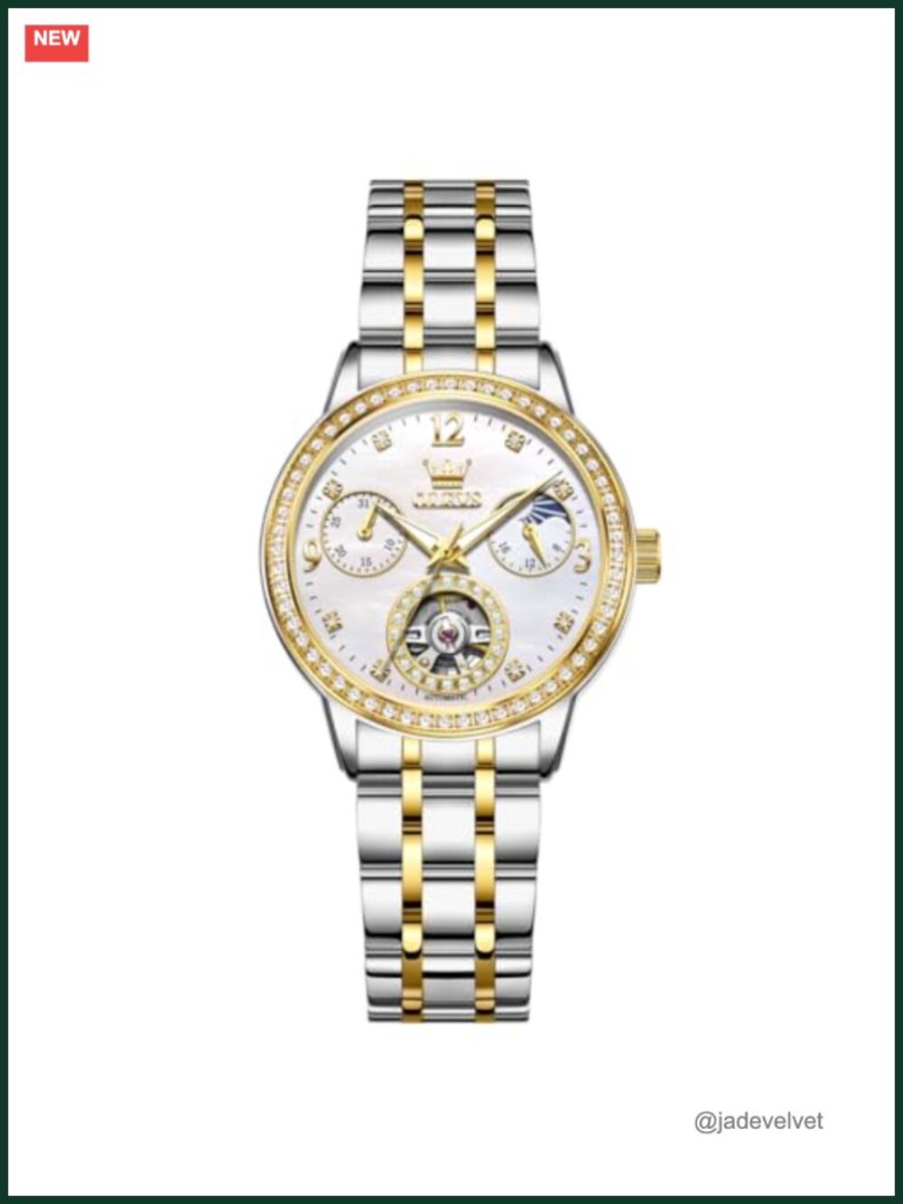 Diamond Automatic Watch Skeleton Dial Sapphire Crystal Two Tone Bracelet